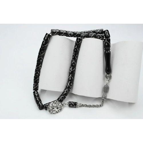 Oltu Taşı Kesme Model Tek Zikzak Dörtlü Baklava İşlemeli Tespih