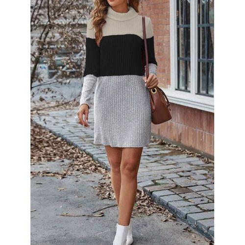 Kadın Uzun Kollu Balıkçı Yaka çizgili çok Renkli Mini şardonlu Kaşkorsel Elbise