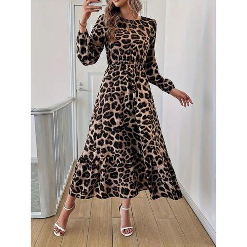 Uzun Kollu Bisiklet Yaka Leopar Desenli Midi Süprem Elbise