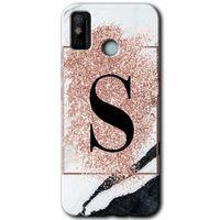 Tecno Spark 6 Go Kılıf HD Desen Baskılı Arka Kapak+Temperli Cam - Pembe Mermer Desenli S Harfi