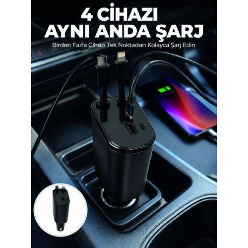 120w Hızlı Şarj Destekli 4'ü 1 Arada Araç Şarj Cihazı Type-c, Lightning, Usb Ve Usb-c Çıkışlı