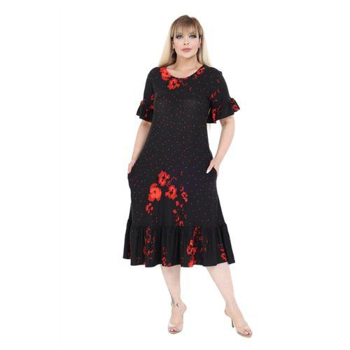 Melsay Butik Kolları ve Eteği Fırfırlı Kırmızı Puanlı Gelincik Desen Cepli Kadın Elbise