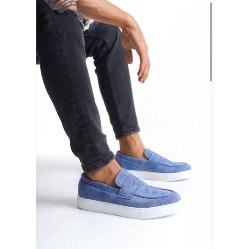 BA0580 Bağcıksız Kuşaklı Yüksek Taban Mavi Süet Erkek Ayakkabı