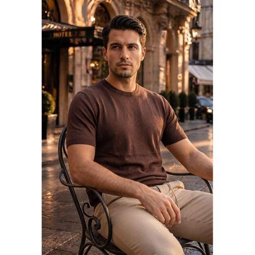Kwon Bisiklet Yaka Basic Kısa Kollu İnce Triko Erkek T-Shirt - Kahve