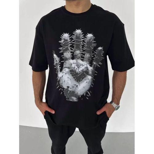 Unisex Bisiklet Yaka Baskılı Oversize T-Shirt - Siyah