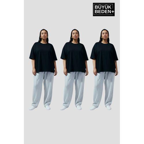 Büyük Beden Kadın Basic 3XL-6XL Bisiklet Yaka 3 lü Tişört Seti SPR26BTSK510+3