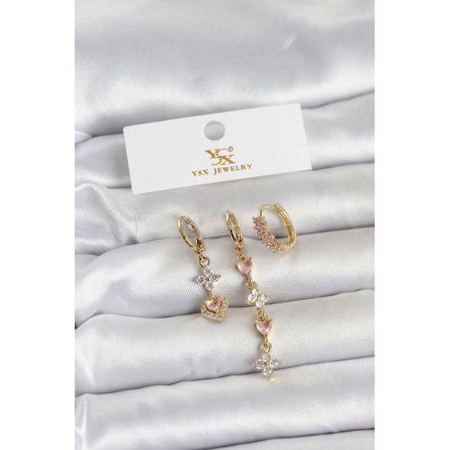 Pirinç Gold Renk Pembe Zirkon Taşlı 3'lü Kadın Küpe