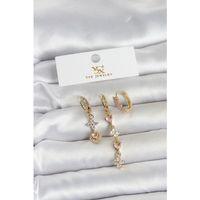 Pirinç Gold Renk Pembe Zirkon Taşlı 3'lü Kadın Küpe