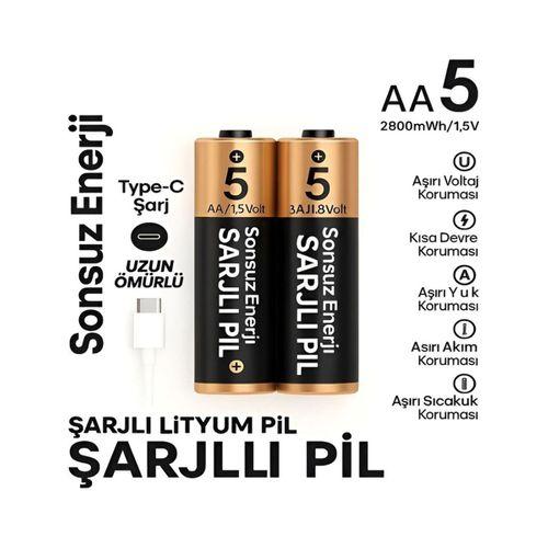 Type-c 2800mwh 1 5v Şarj Edilebilir 2’li Aa5 Kalın Pil - Lityum Iyon Batarya