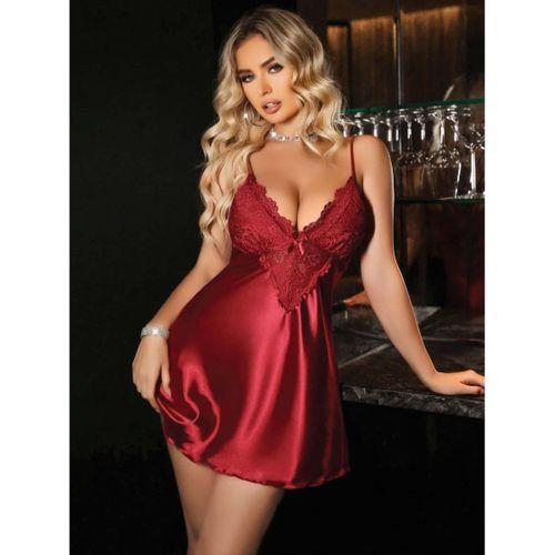 Kadın Kırmızı Saten Askılı Dantel Detaylı Gecelik 2227