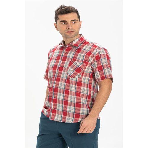 Büyük Beden Kısa Kol Şile Bezi Tek Cepli Erkek Yazlık Gömlek Kırmızı Lacivert Ekose 3057