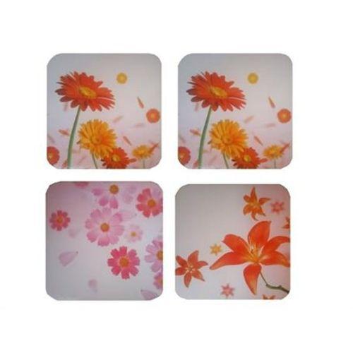 Ahşap Bardak Altlığı 4 Adet Çiçek Desen 9X9Cm