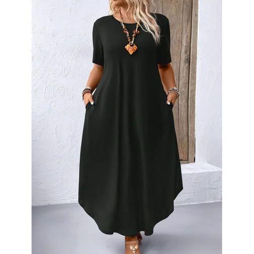 Kadın Kısa Kollu Bisiklet Yaka Cepli Salaş Viskon Elbise