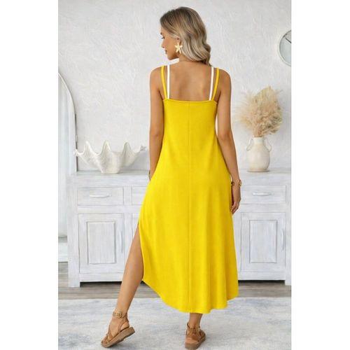 Kadın Ip Askılı Yuvarlak Yakalı Cepli Uzun Viskon Elbise