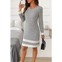 Kadın Uzun Kollu Yuvarlak Yaka Etek Ucu şerit Detaylı Mini Dokuma Elbise