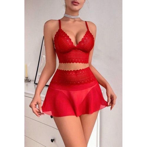 Kadın Kırmızı Dantel Ve Tül Detaylı Etekli Şık Gecelik Takımı