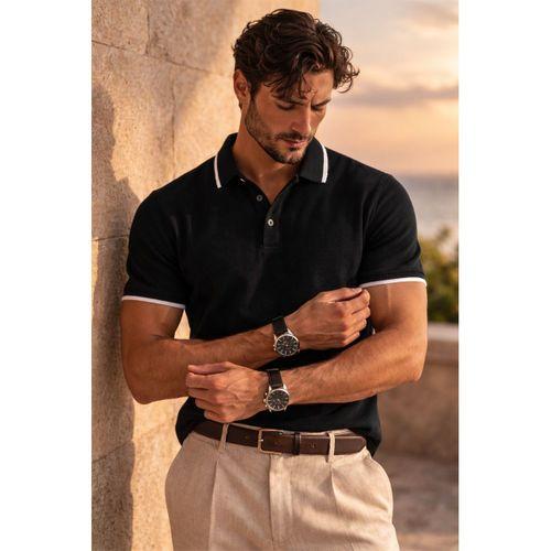 Balzac Yakası Şeritli Düğmeli Polo Yaka Basic Günlük Petek Örgü Triko Erkek T-Shirt - Siyah