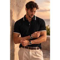 Balzac Yakası Şeritli Düğmeli Polo Yaka Basic Günlük Petek Örgü Triko Erkek T-Shirt - Siyah