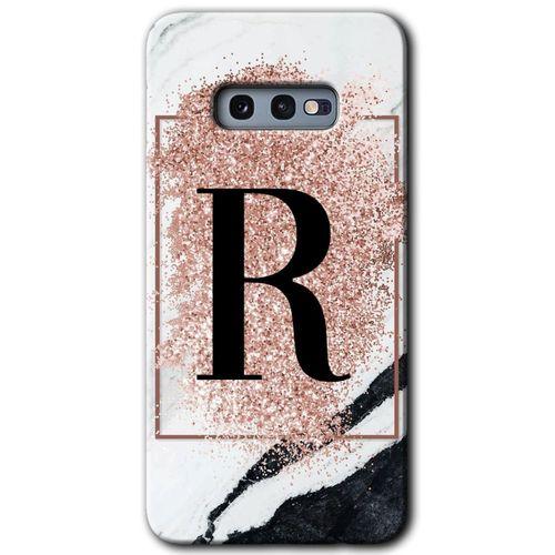 Samsung Galaxy S10e Kılıf Baskılı Kapak - Pembe Mermer Desenli R Harfi + 5D Tam Kaplayan Cam