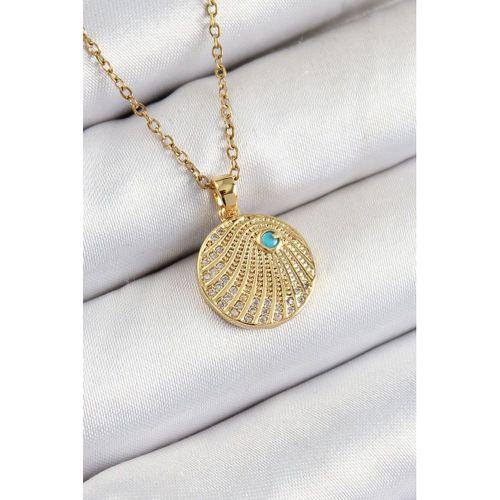 316L Çelik Zirkon Taşlı Madalyon Model Gold Renk Kadın Kolye