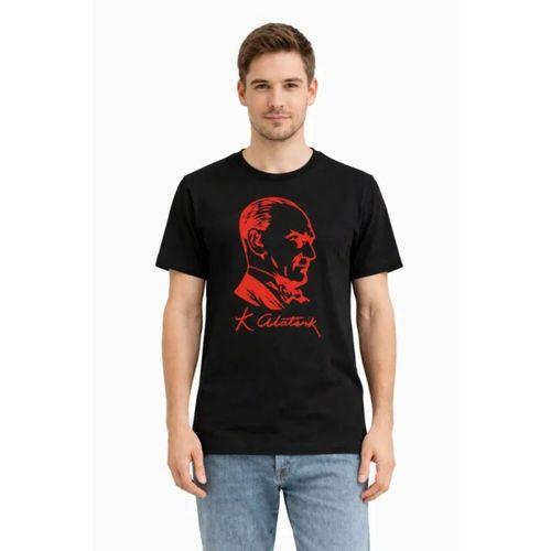 Erkek Atatürk Baskılı Tişört Kısa Kollu Bisiklet Yaka T-Shirt - Siyah