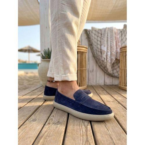 BA0251 %100 İçi Dışı Hakiki Deri Erkek Lacivert Süet Casual Loafer Kauçuk Rahat Taban Dikişli Ayakkabı