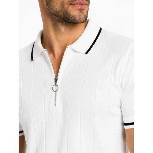 Erkek Fitilli Triko T-shirt Polo Yaka Yarım Fermuarlı Kısa Kollu Tişört - Beyaz