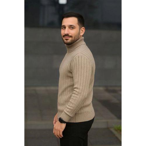 Erkek Balıkcı Yaka Bağazlı Triko Kazak Pamuklu Kalın Fitilli Dokuma, Regular Fit Uzun Kollu Kışlık Model - Bej
