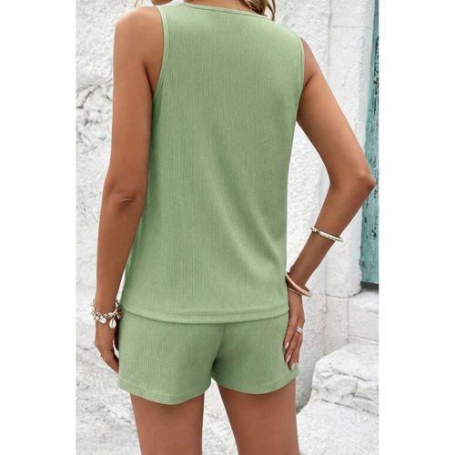 Kadın Askılı Kolsuz V Yakalı önden Düğmeli Bürümcük Bluz Ve Short Ikili Takım