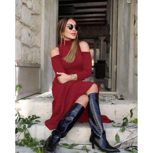 Kadın Balıkçı Yaka Omuzlardan Açık Uzun Kollu Janjan Krep Elbise