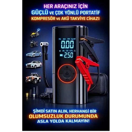 St-9650 Şarjlı 10.000 Mah Taşınabilir Araç Hava Kompresörü Akü Takviyeli Dijital Ekranlı Işıklı Çantalı