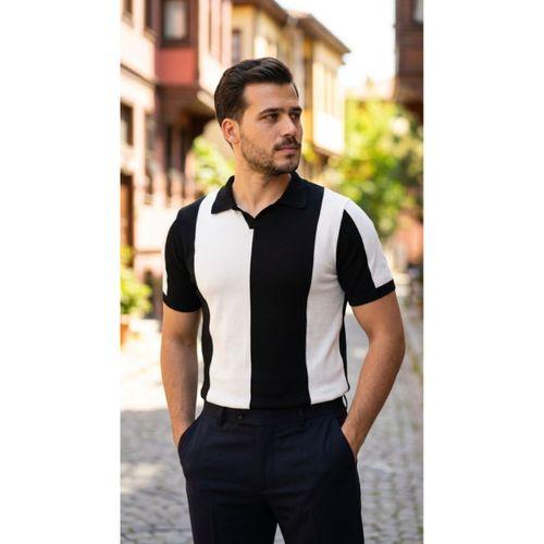 Erkek Kısa Kollu Polo Yakalı Blok Desenli Triko Bluz