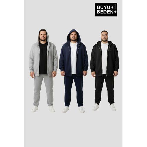 Erkek Büyük Beden Fermuarlı Kapüşonlu 3 lü Set ince Sweatshirt Hırka - Rahat Kalıp SPR26BHR960+3