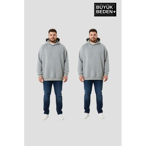 Erkek Büyük Beden 2  li Set Kapşonlu Kollar Ve Etek Ribanalı ince Swatshırt SPR26BSW957+2