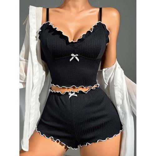 Kadın Siyah Fitilli Askılı Şortlu Pijama Takım 6659