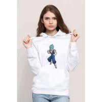 Anime Dragon Ball Z Baskılı Beyaz Kadın Kapşonlu Sweatshirt