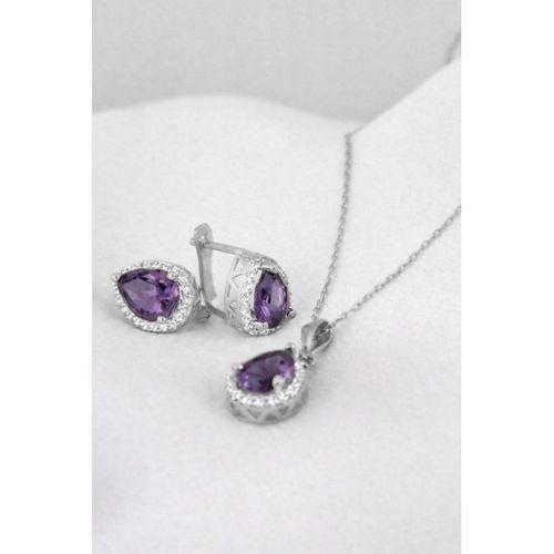 925 Ayar Damla Model Ametist Taşlı Gümüş Kadın Kolye Küpe Seti