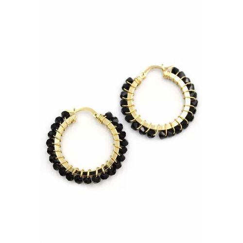 Kristal Boncuk Halka Küpe - Siyah