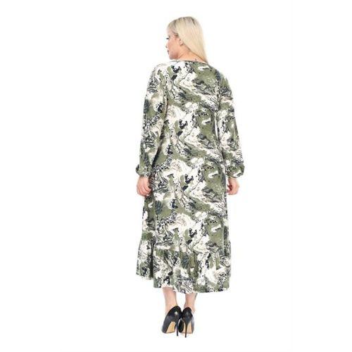 Melsay Butik Kışlık Robalı Yumoş Uzun Kollu Yeşil Batik Desenli Cepli Elbise