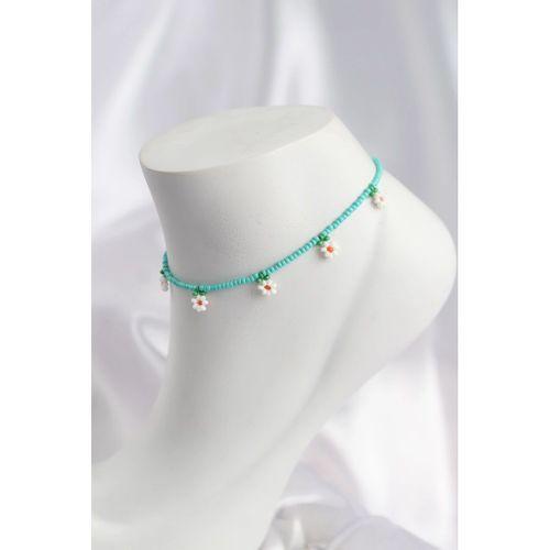 Turkuaz Renk Boncuklu Papatya Motifli Halhal