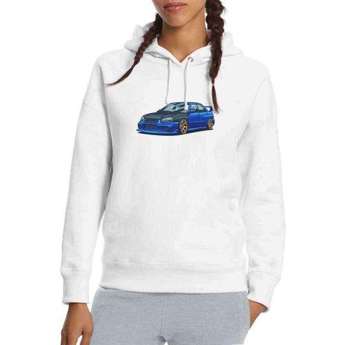 Subaru Impreza STI Baskılı Beyaz Kadın Kapşonlu Sweatshirt