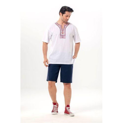 Kısa Kol Şile Bezi Bisiklet Yaka Etnik Erkek Yazlık T-shirt Beyaz Byz