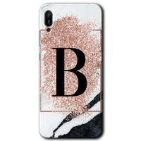 Huawei Y6 2019 Kılıf HD Desen Baskılı Arka Kapak - Pembe Mermer Desenli B Harfi + Kırılmaz Cam