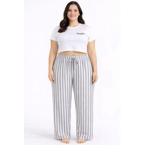 Viskon Pamuklu Kadın Büyük Beden Açık Gri Çizgili Pijama Pantolon - MGB006 - Mudanis