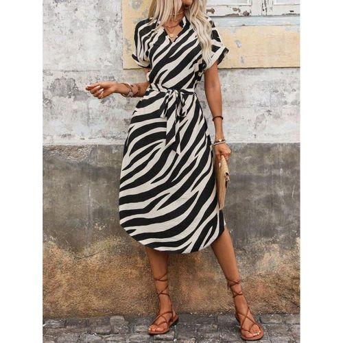 Kadın Kısa Kollu V Hakim Yakalı Zebra Desenli Midi Süprem Elbise