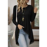 Kadın Uzun Kollu Bisiklet Yaka Asimetrik Kesim Detaylı Dantelli Viskon Bluz