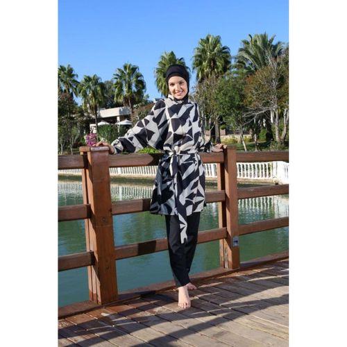 Estiva 26969 Siyah Abstract Tam Kapalı Pantolonlu Kuşak Detaylı Tesettür Mayo