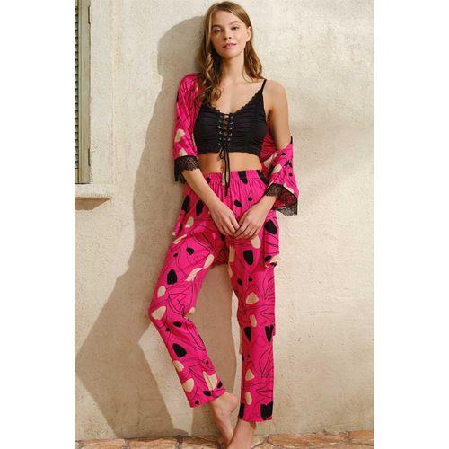 İp Askılı V Yaka Kadın Çiçek Desenli Yazlık Uzun İp Detaylı Pijama Altı Sabahlık