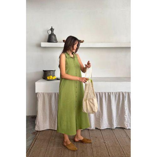 KETEN ÖNDEN DÜĞMELİ KOLSUZ GÖMLEK YAKA ELBİSE - Yağ Yeşili