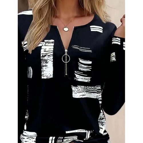 Kadın Uzun Kollu önden Fermuarlı Geometrik Desenli Süprem Bluz